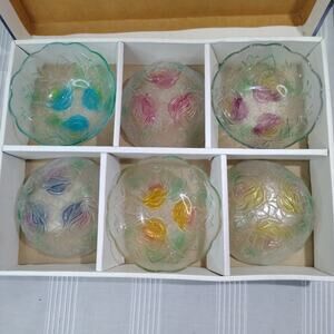 6 Vintage Glass Multi-Purpose Salad / Dessert Bowls 5" Roses Pattern Blue Red